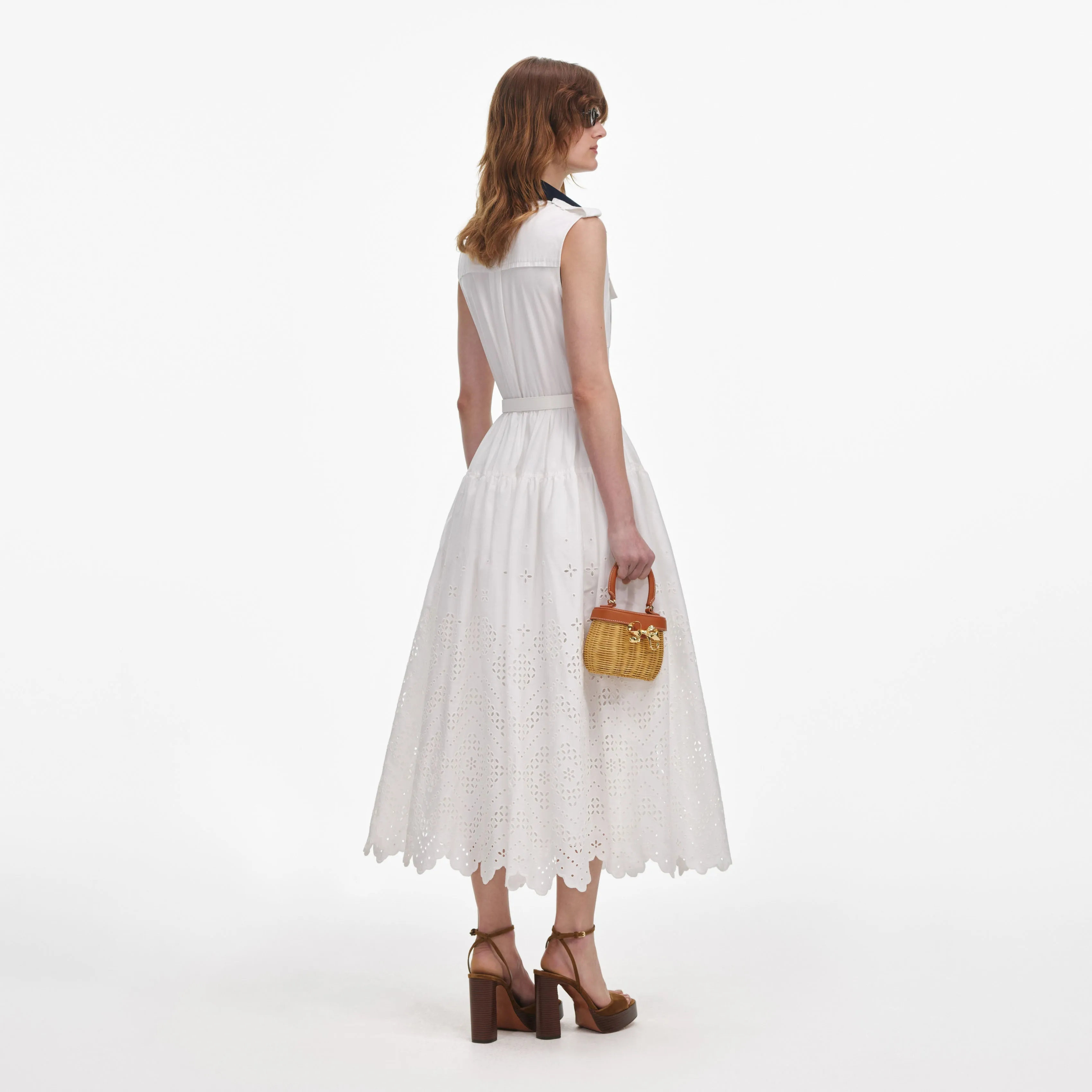 White Contrast Collar Broderie Midi Dress Self Portrait