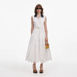 White Contrast Collar Broderie Midi Dress Self Portrait