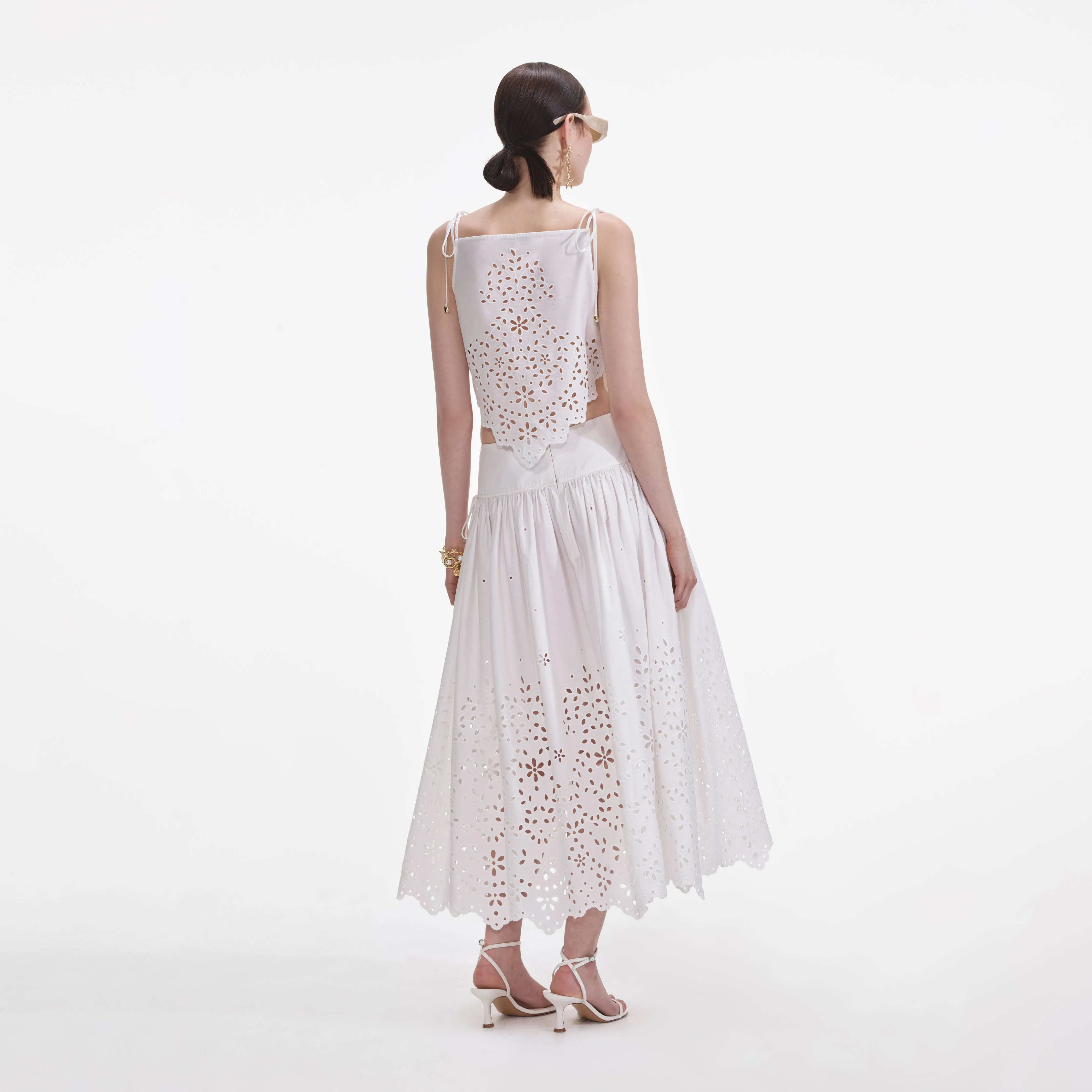 White Cotton Embroidered Midi Skirt Self Portrait