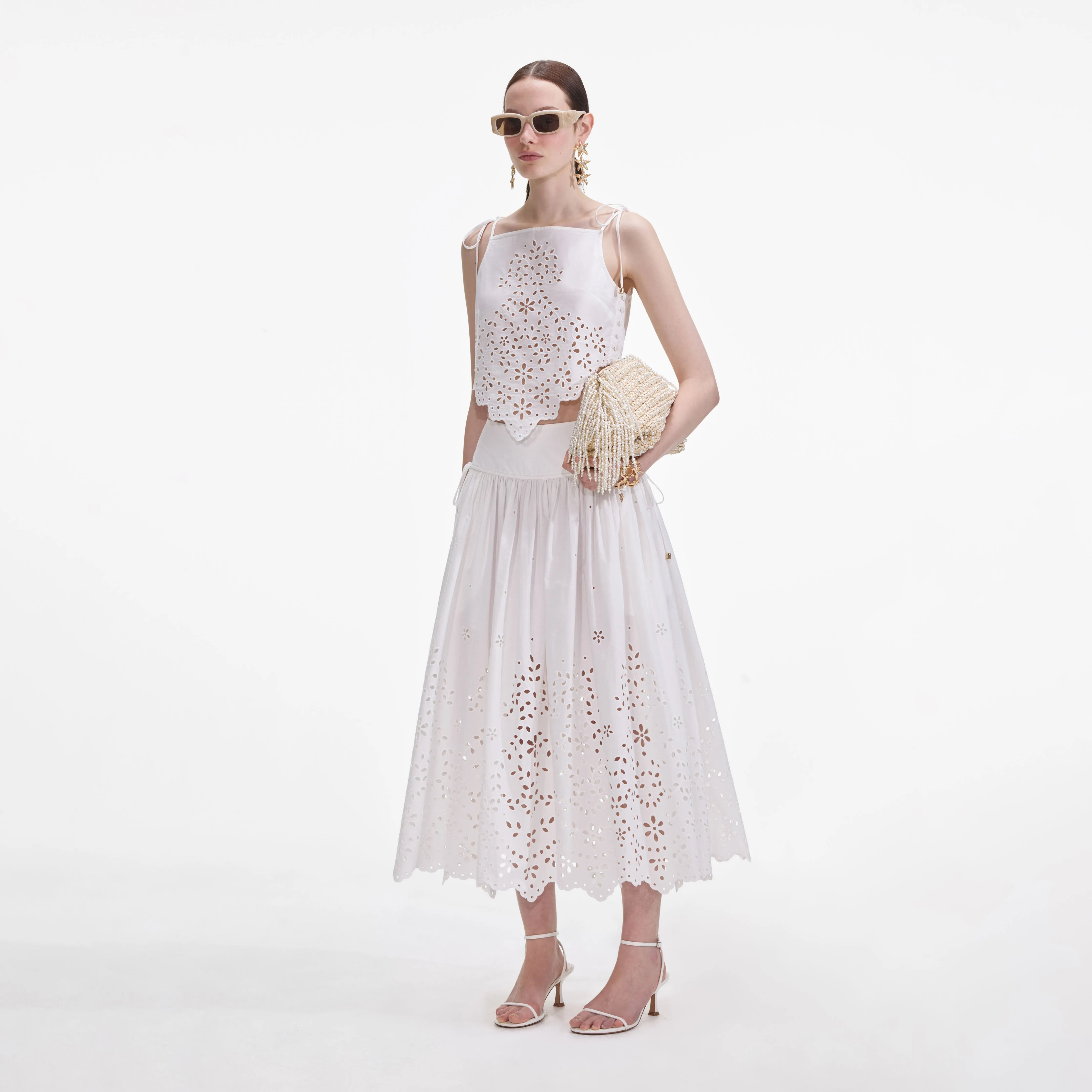White Cotton Embroidered Midi Skirt Self Portrait
