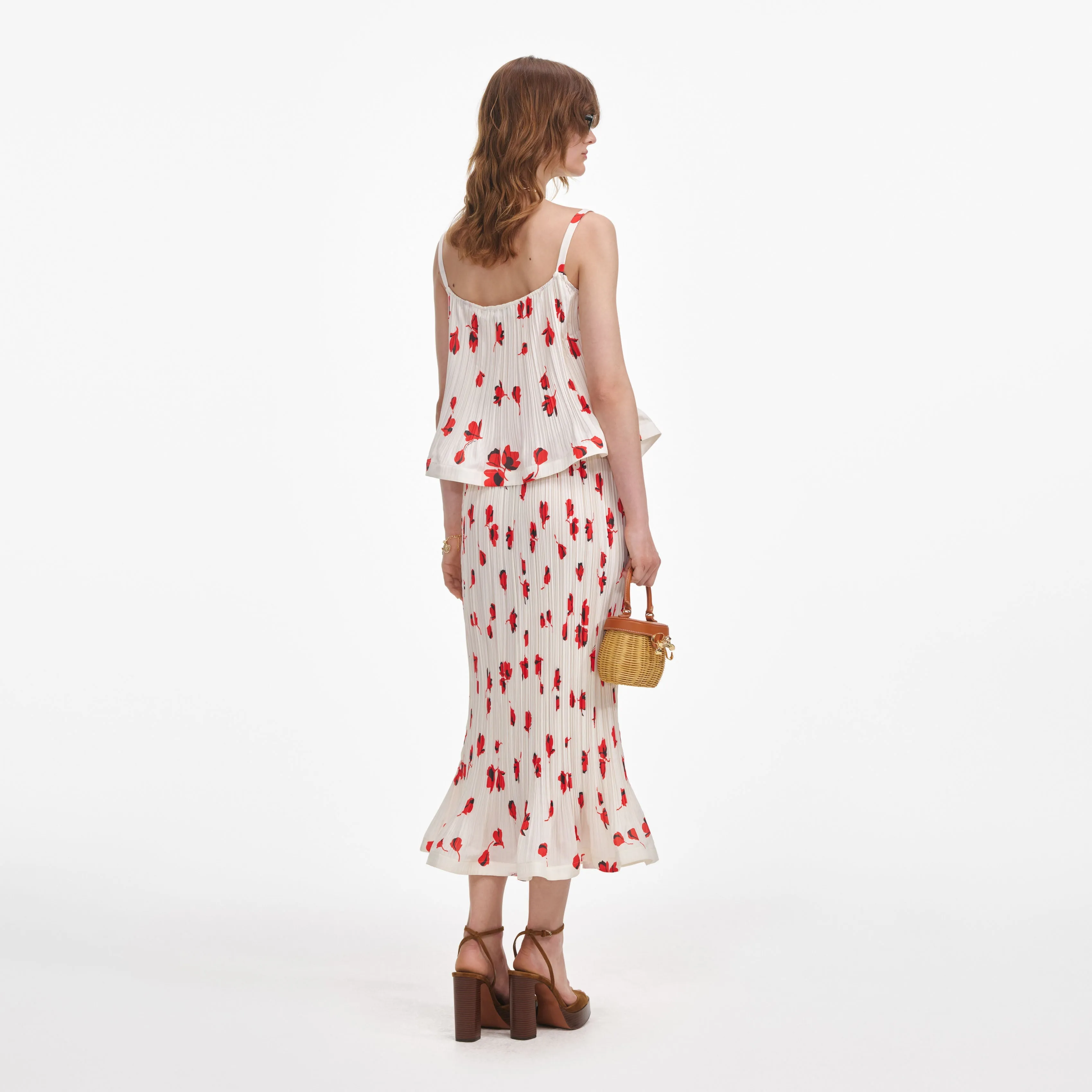 White Floral Plisse  Midi Skirt Self Portrait