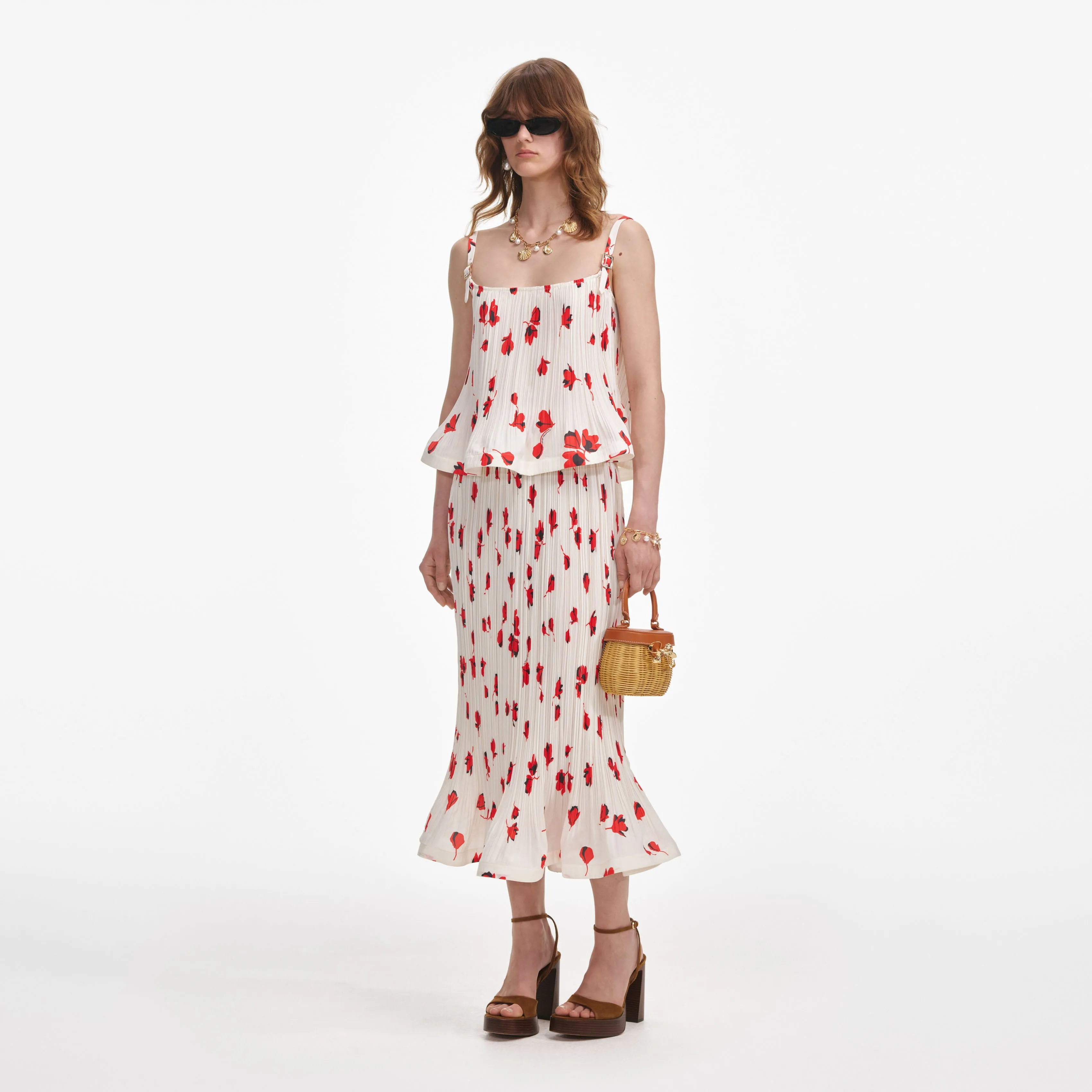 White Floral Plisse  Midi Skirt Self Portrait