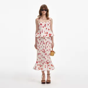 White Floral Plisse  Midi Skirt Self Portrait