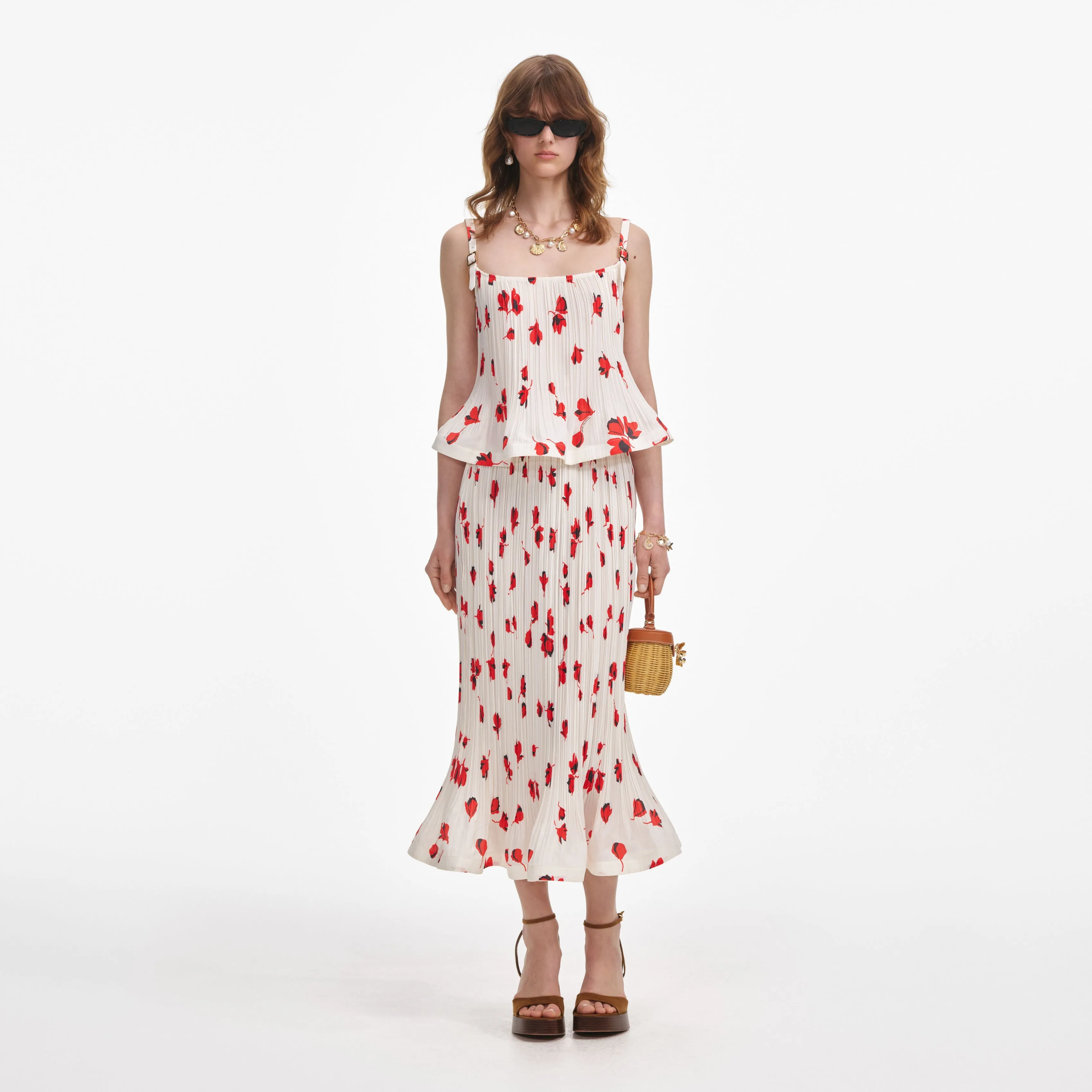 White Floral Plisse  Midi Skirt Self Portrait