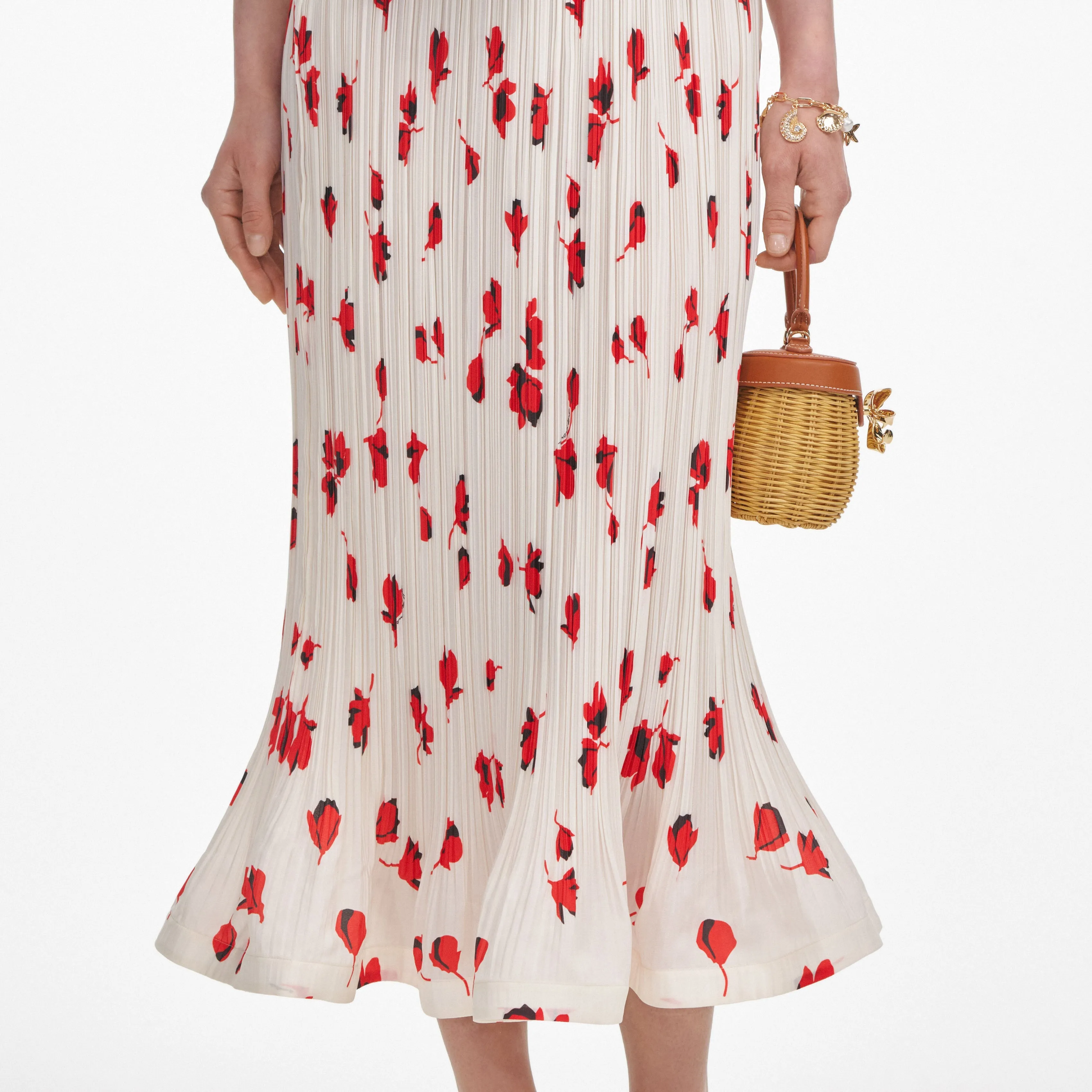 White Floral Plisse  Midi Skirt Self Portrait