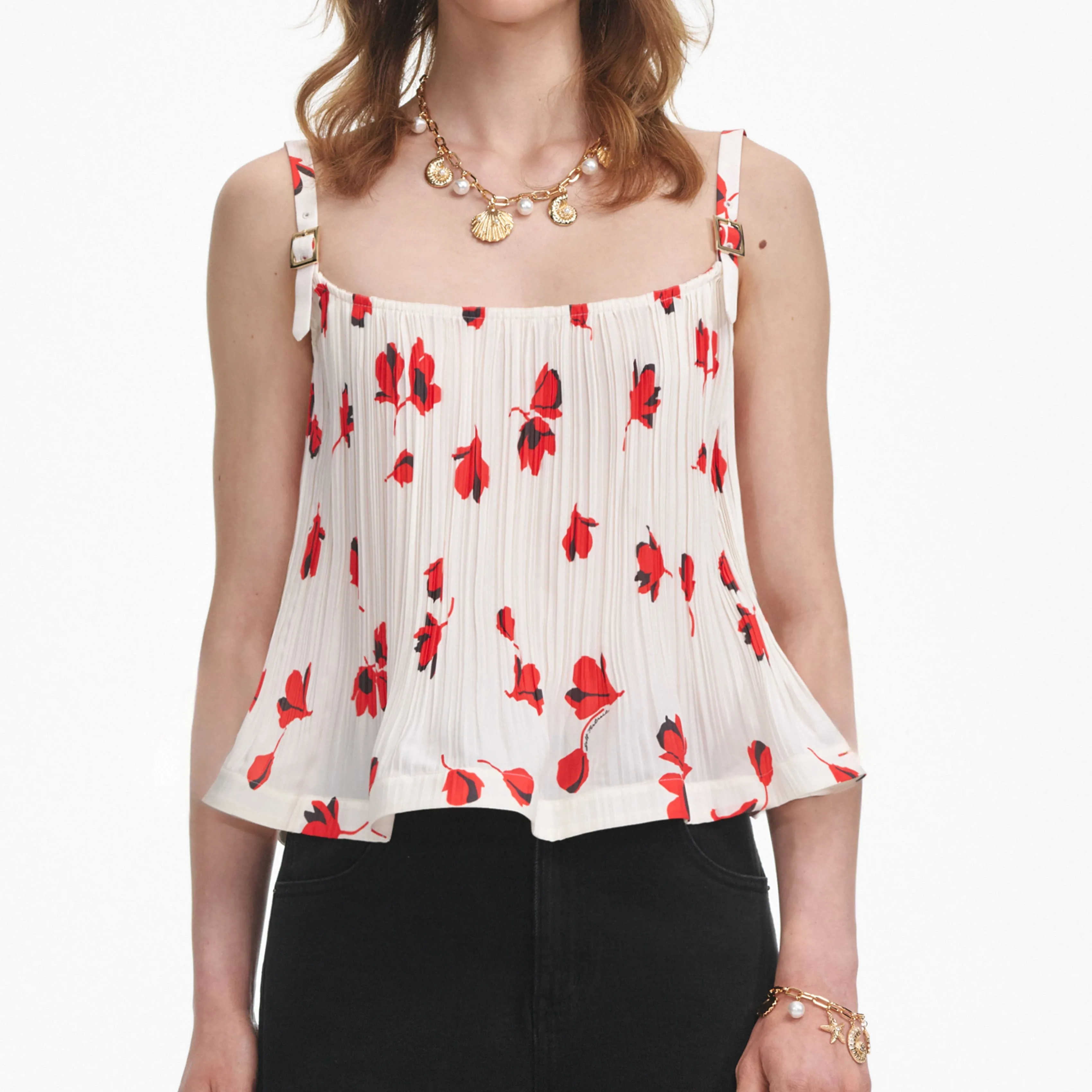 White Floral Plisse  Top Self Portrait