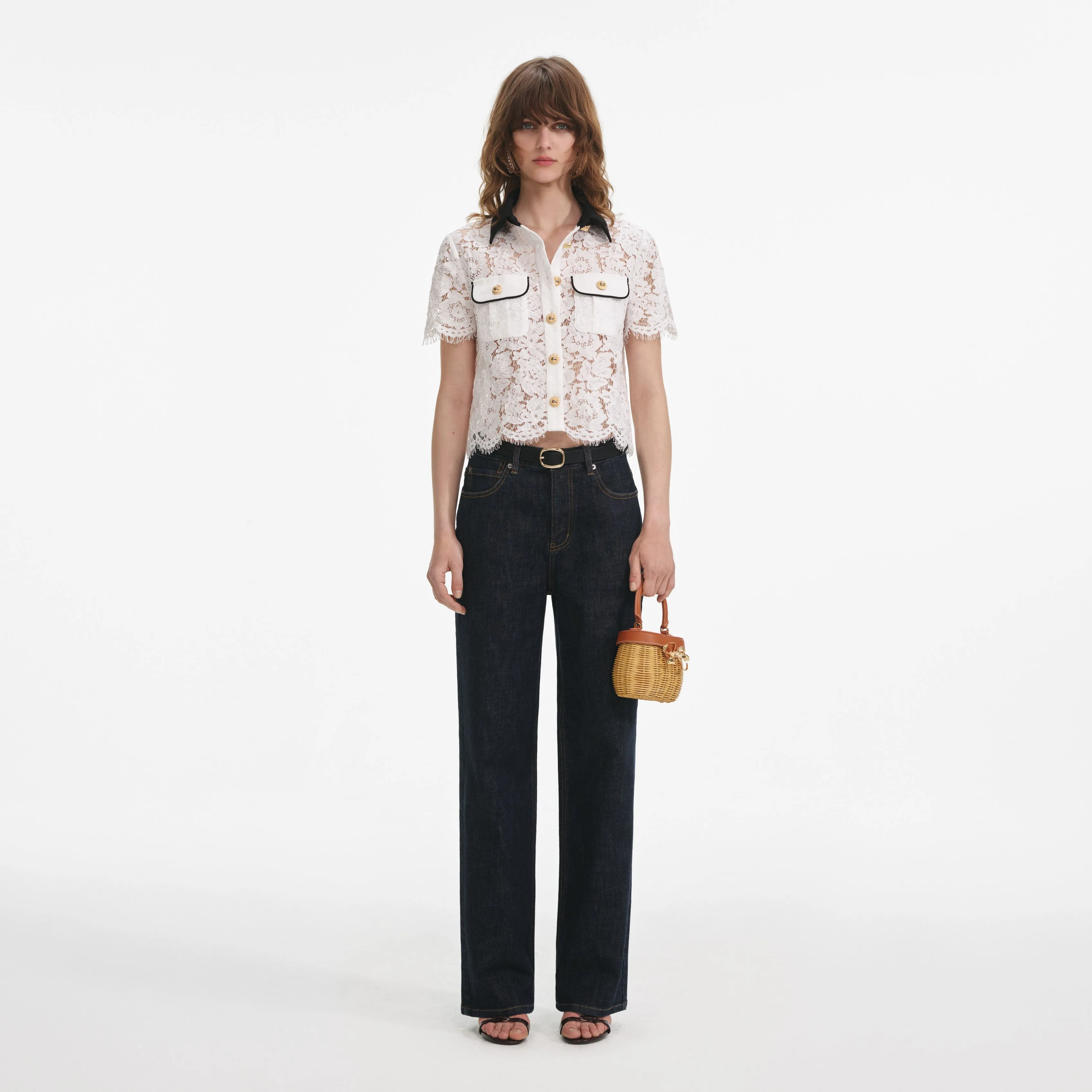 White Lace Contrast Collar Top Self Portrait