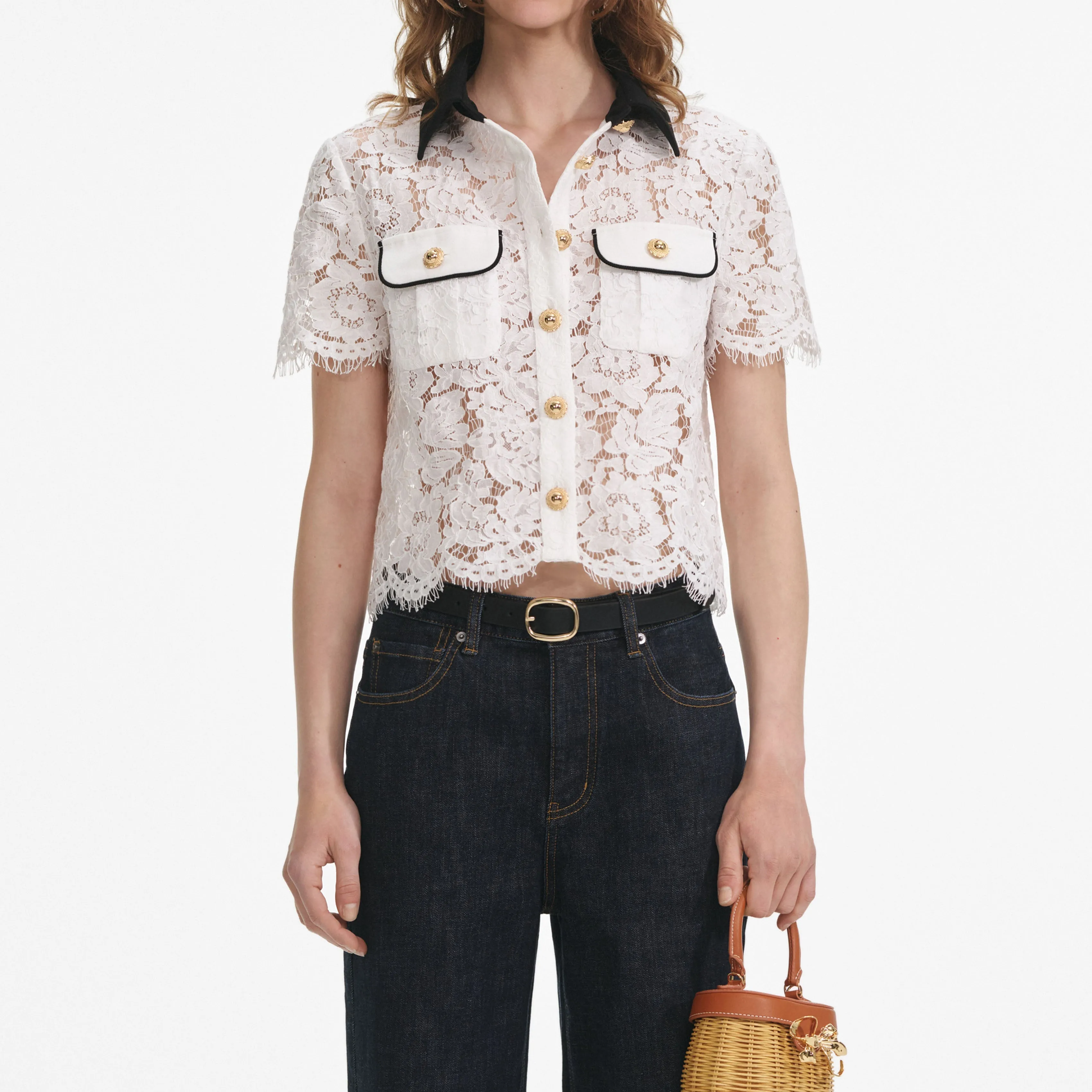 White Lace Contrast Collar Top Self Portrait
