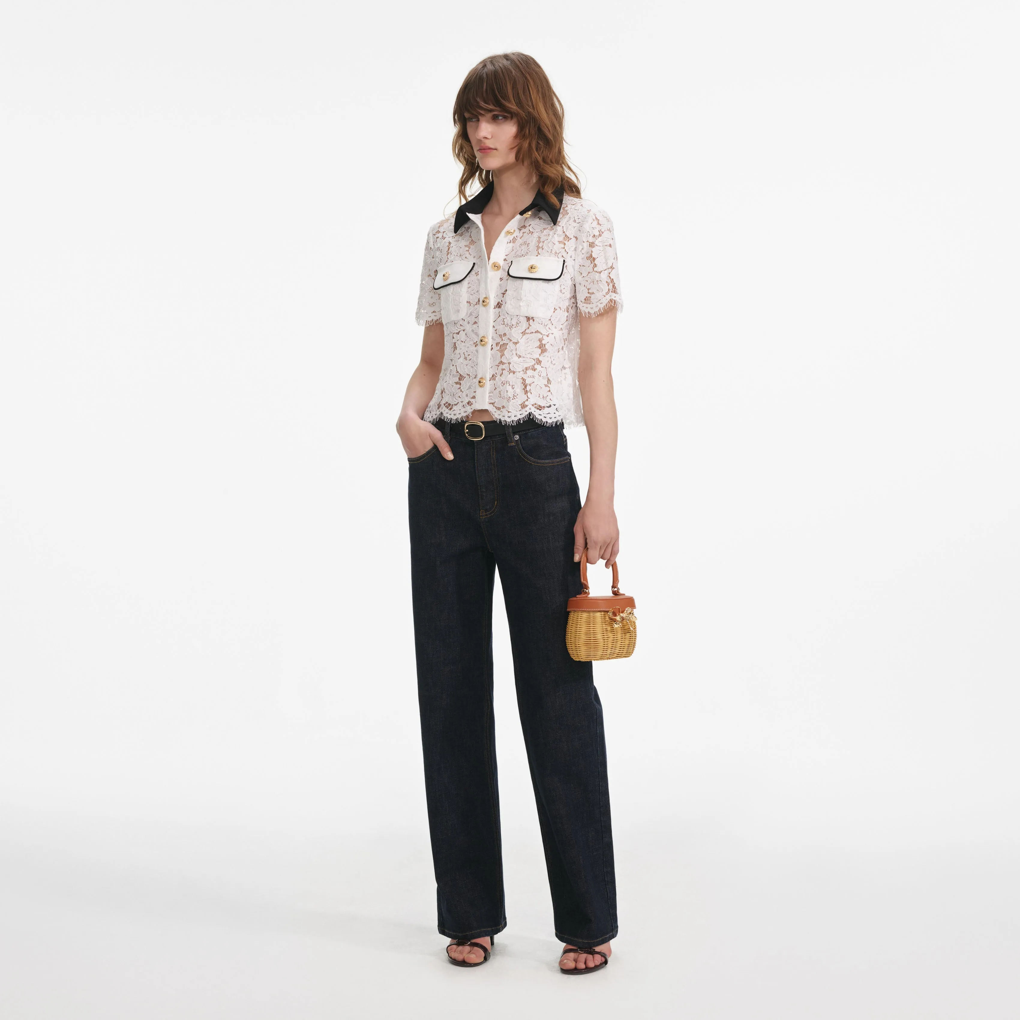 White Lace Contrast Collar Top Self Portrait