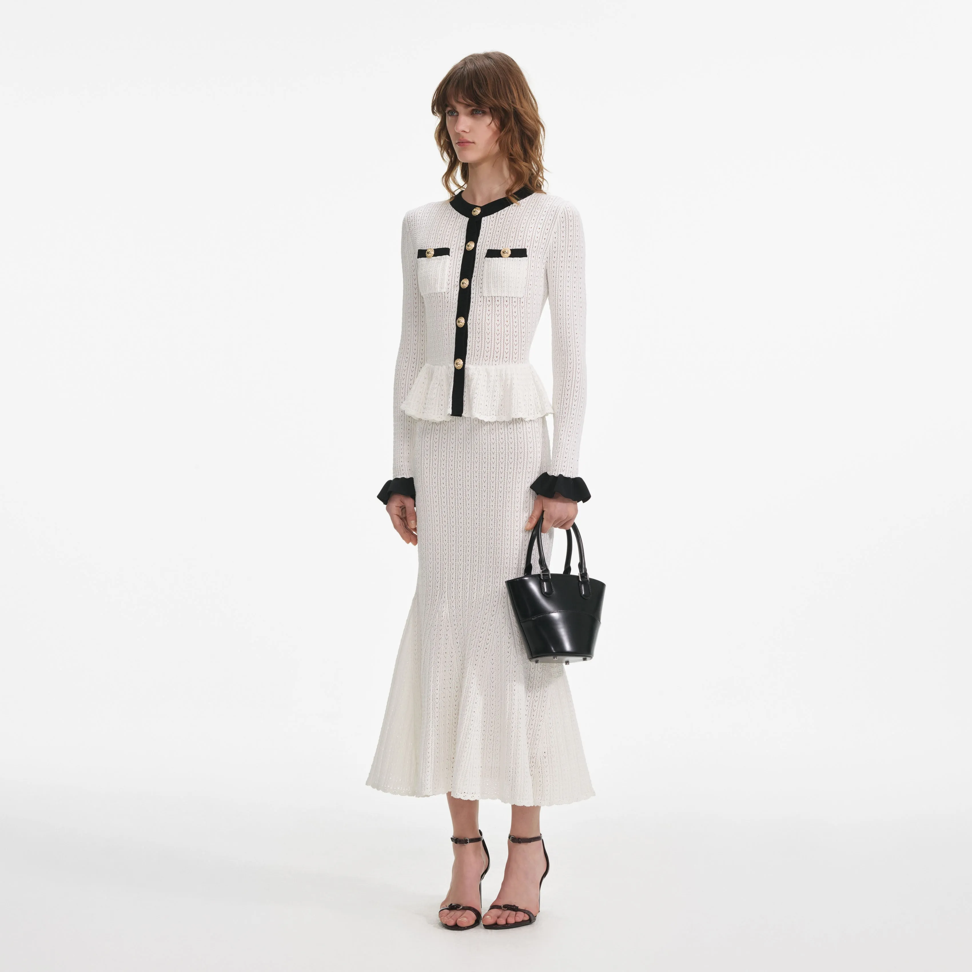 White Pointelle Knit Contrast Midi Dress Self Portrait