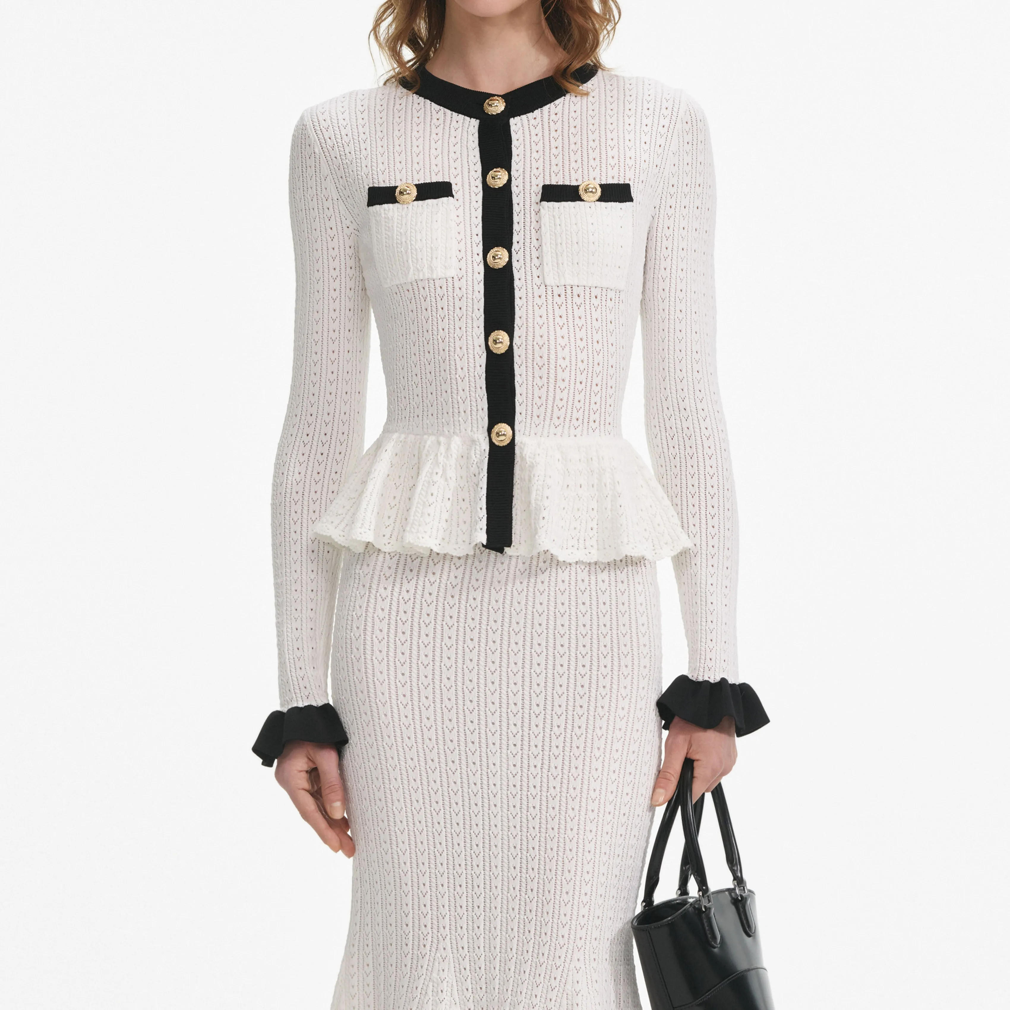White Pointelle Knit Contrast Midi Dress Self Portrait