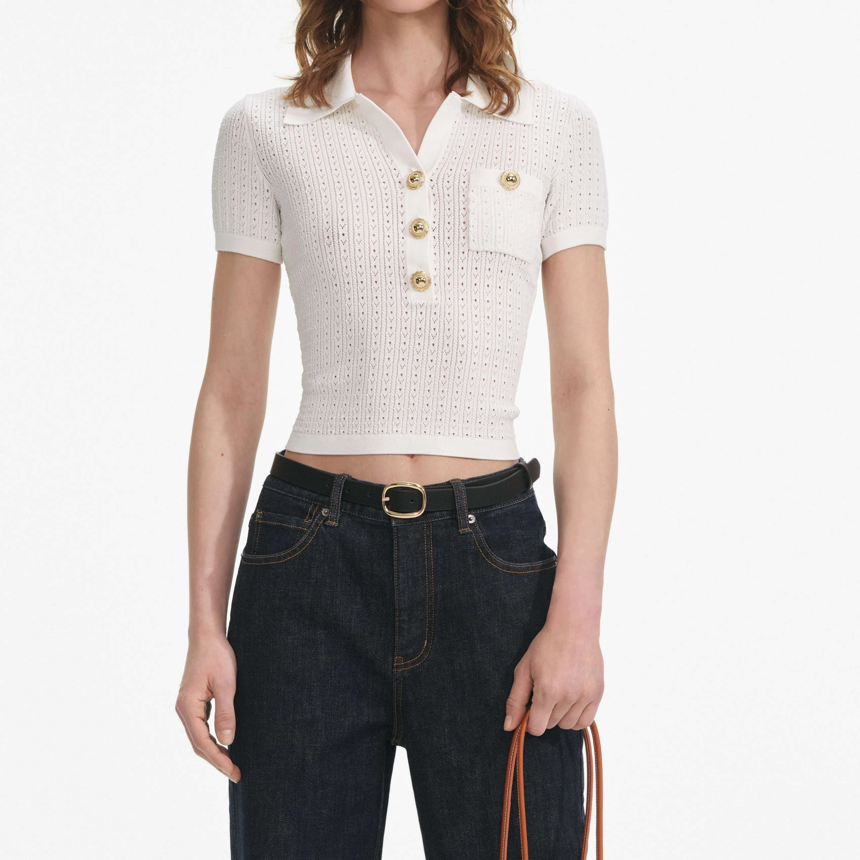 White Pointelle Knit Top Self Portrait