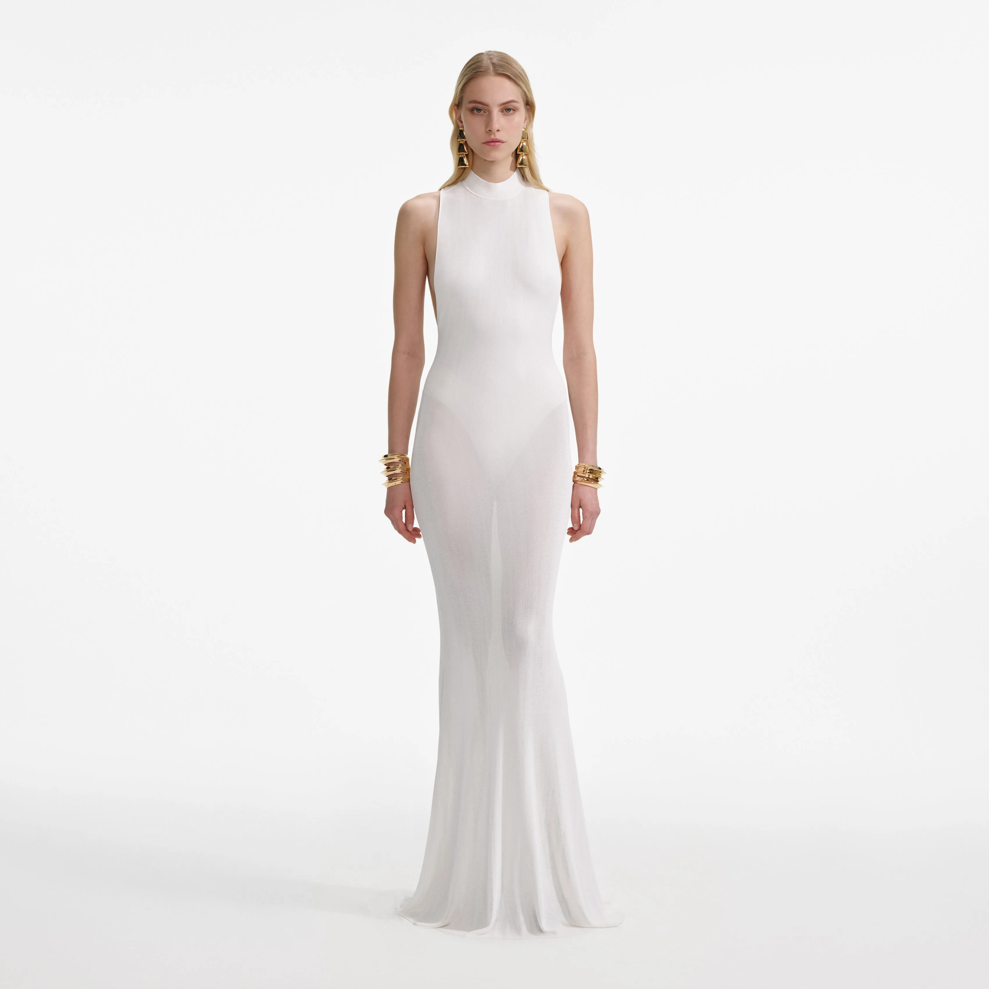 White Racer Back Viscose Knit Maxi Dress Self Portrait