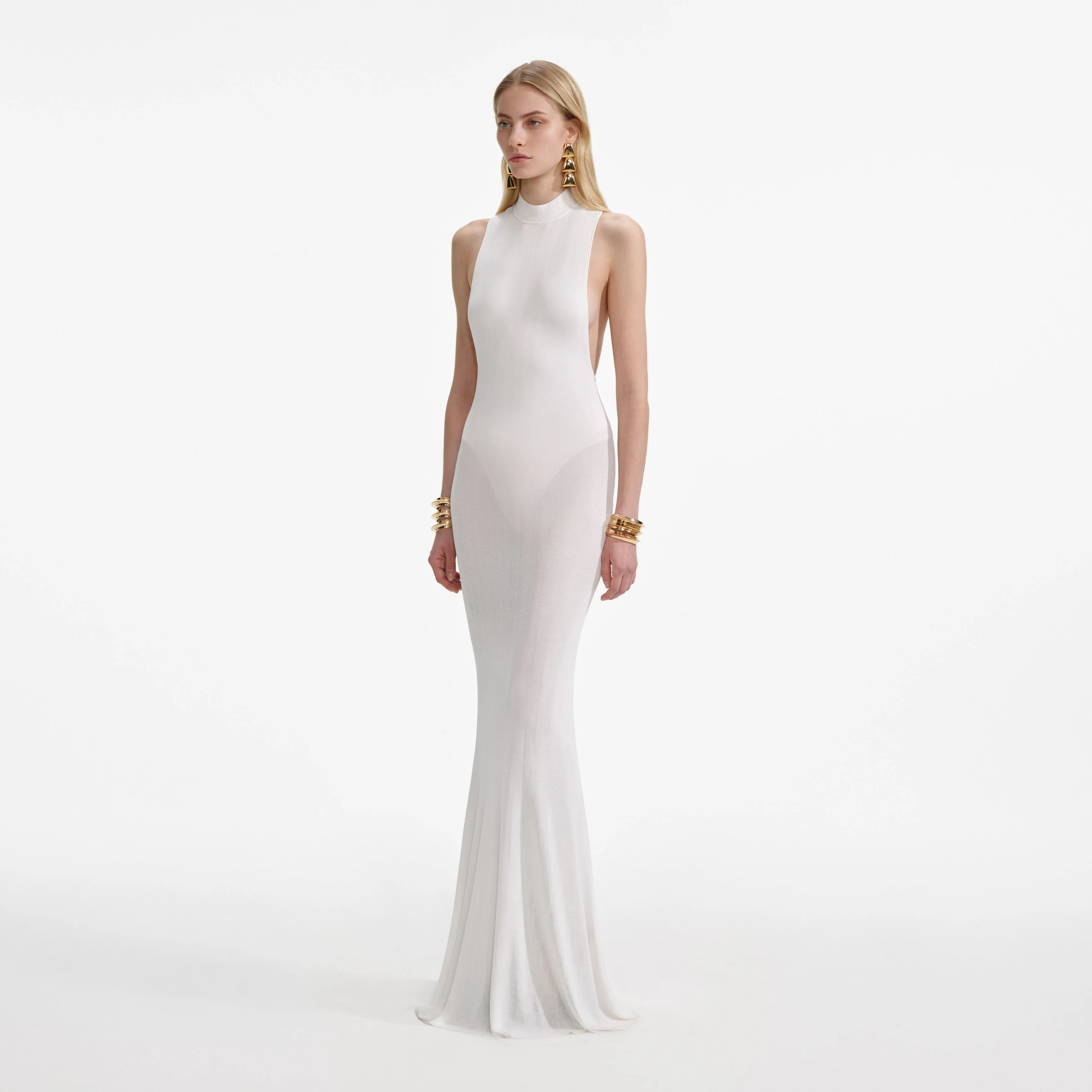 White Racer Back Viscose Knit Maxi Dress Self Portrait
