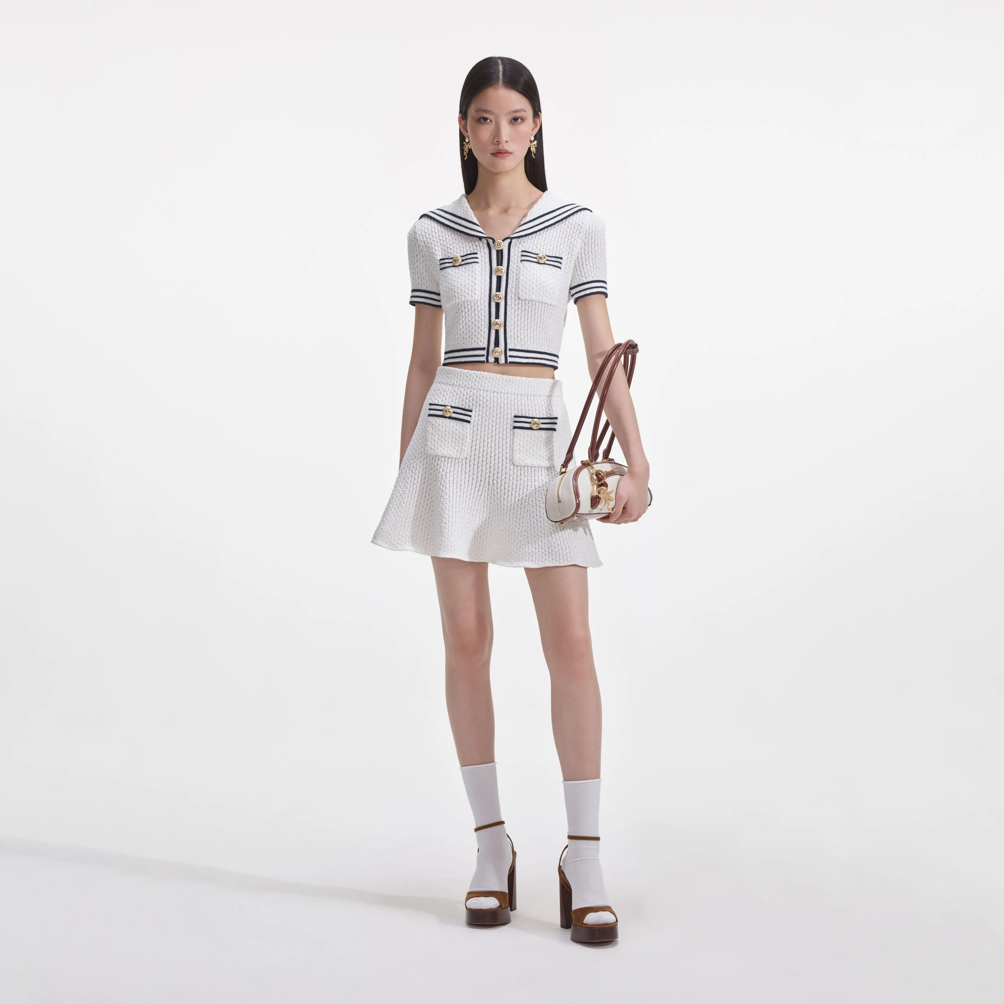 White Textured Knit Mini Skirt Self Portrait