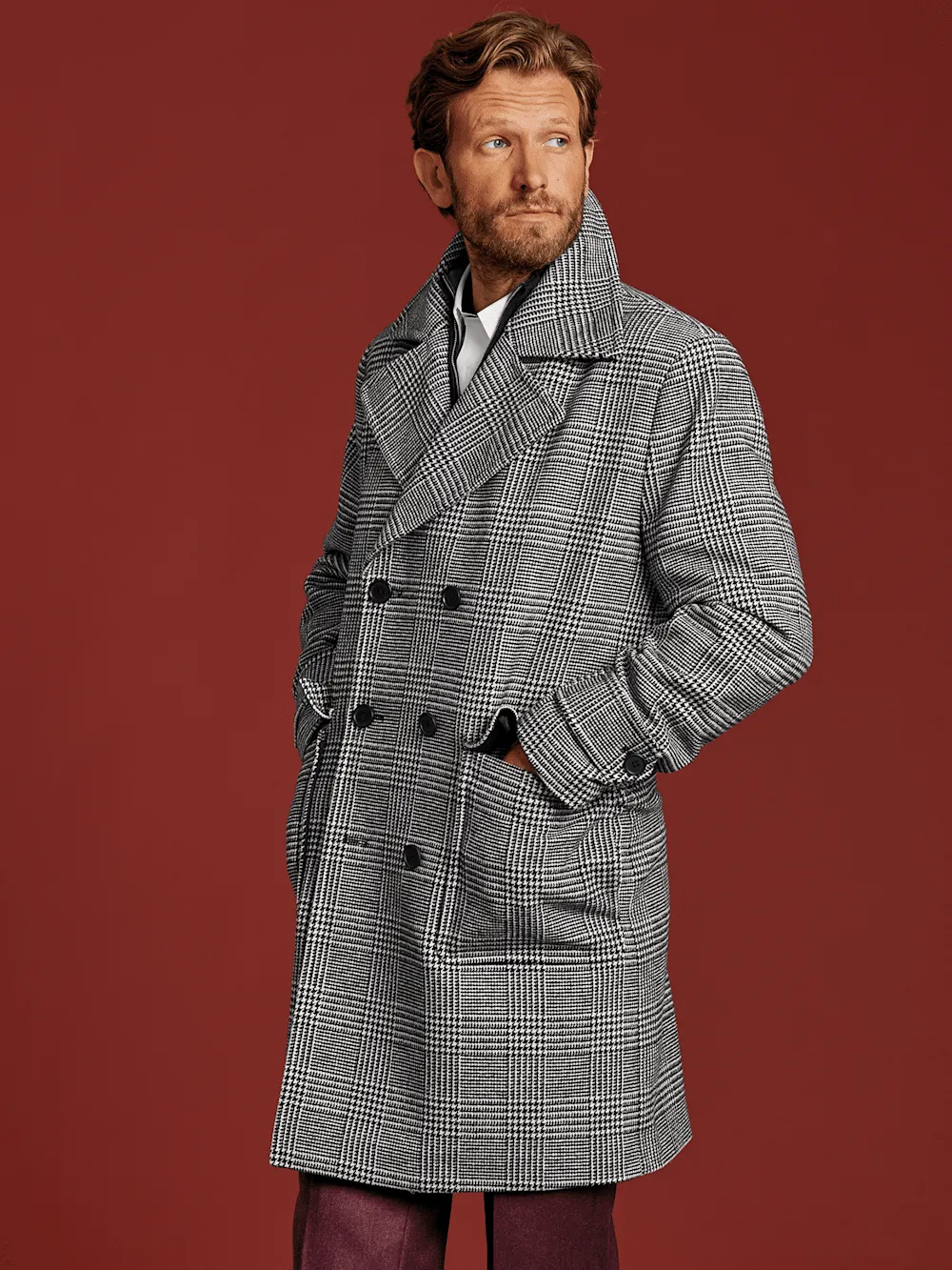 Wool Blend Plaid Double Breasted Topcoat - Black/white