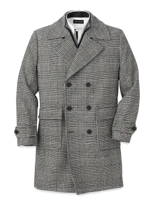 Wool Blend Plaid Double Breasted Topcoat - Black/white