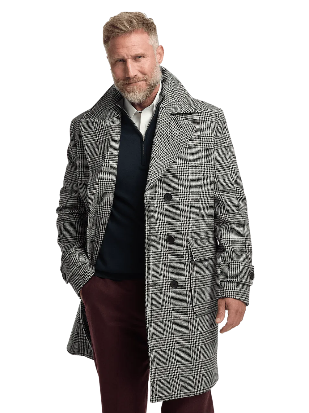 Wool Blend Plaid Double Breasted Topcoat - Black/white