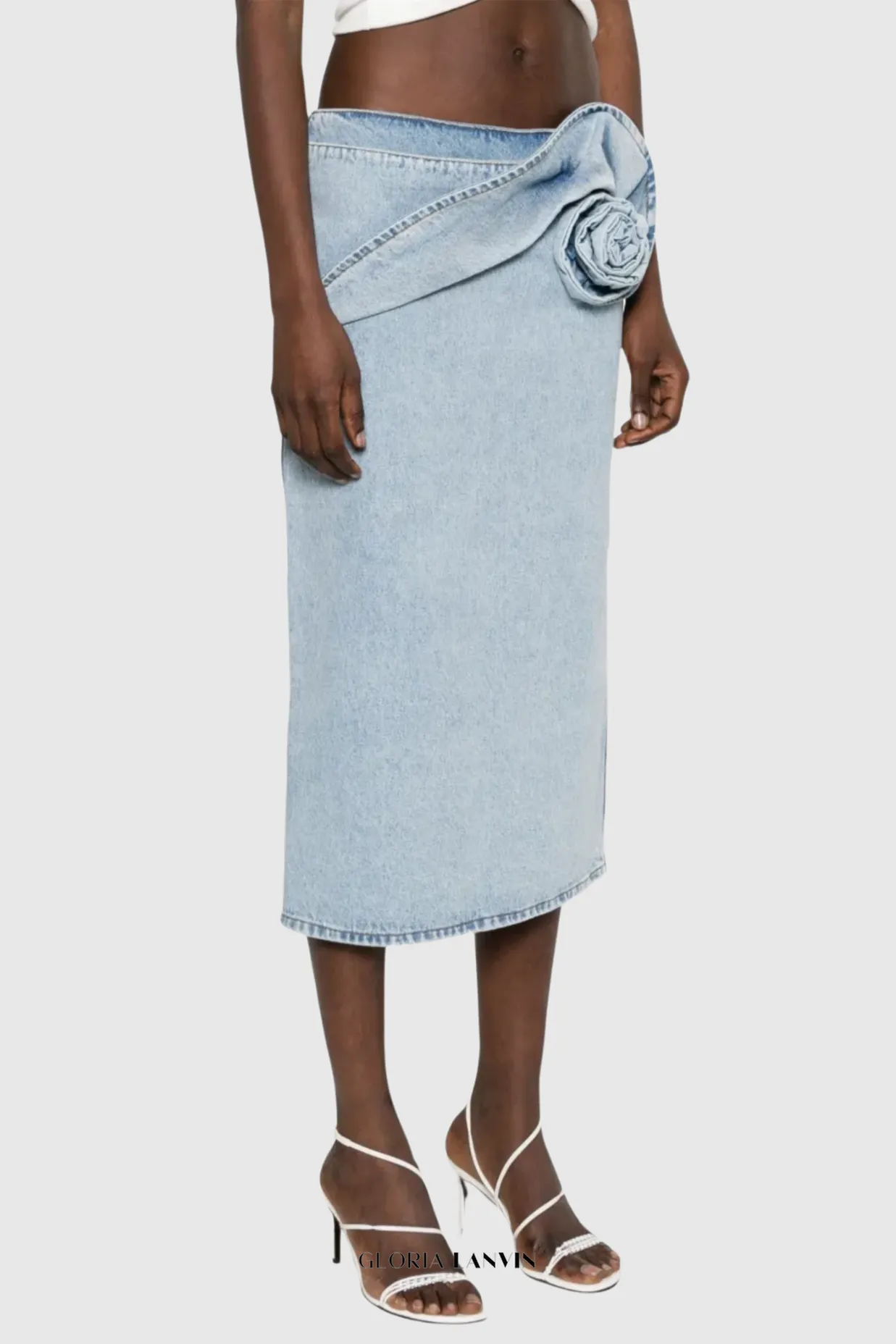 xaviera Floral Appliqu Denim Midi Skirt Gloria Lanvin