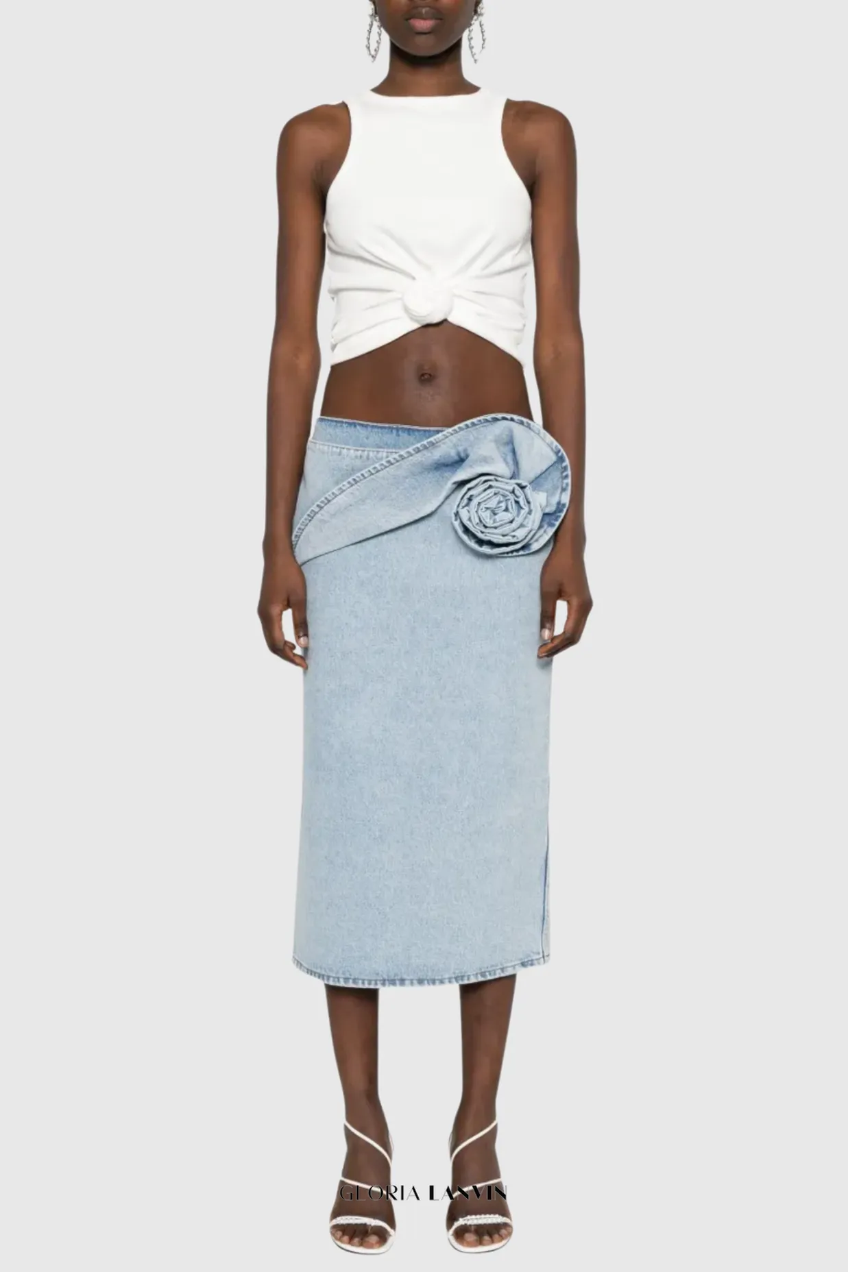 xaviera Floral Appliqu Denim Midi Skirt Gloria Lanvin