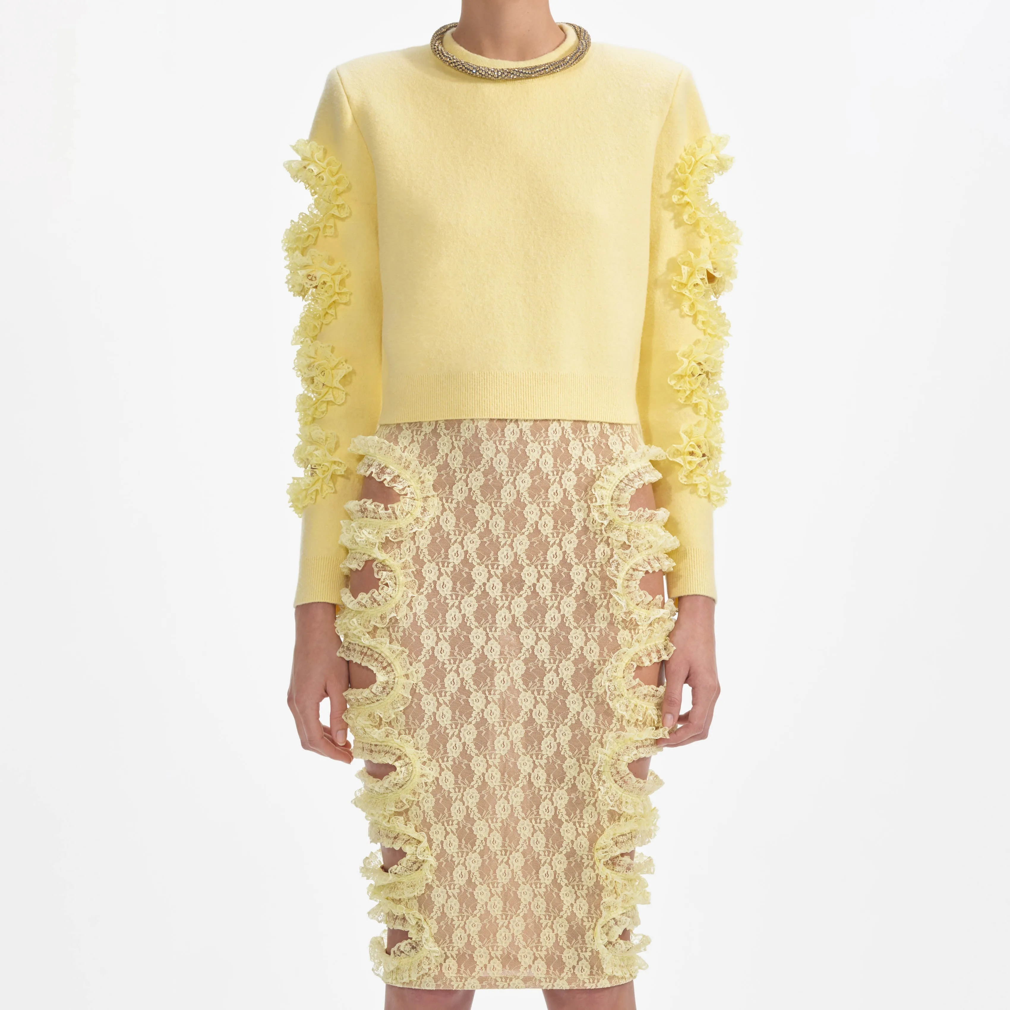 Yellow Lace Cut Out Midi Skirt Self Portrait