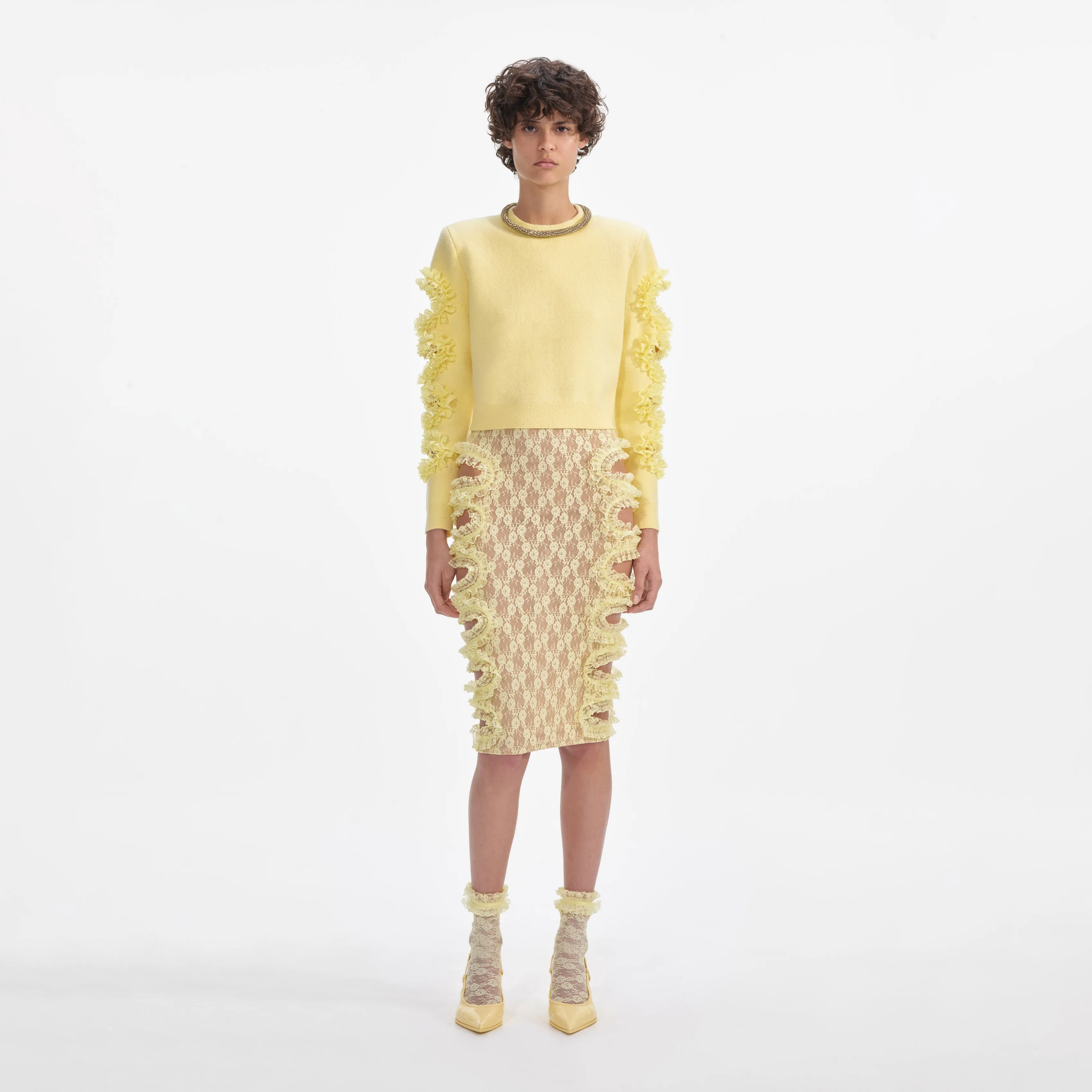 Yellow Lace Cut Out Midi Skirt Self Portrait
