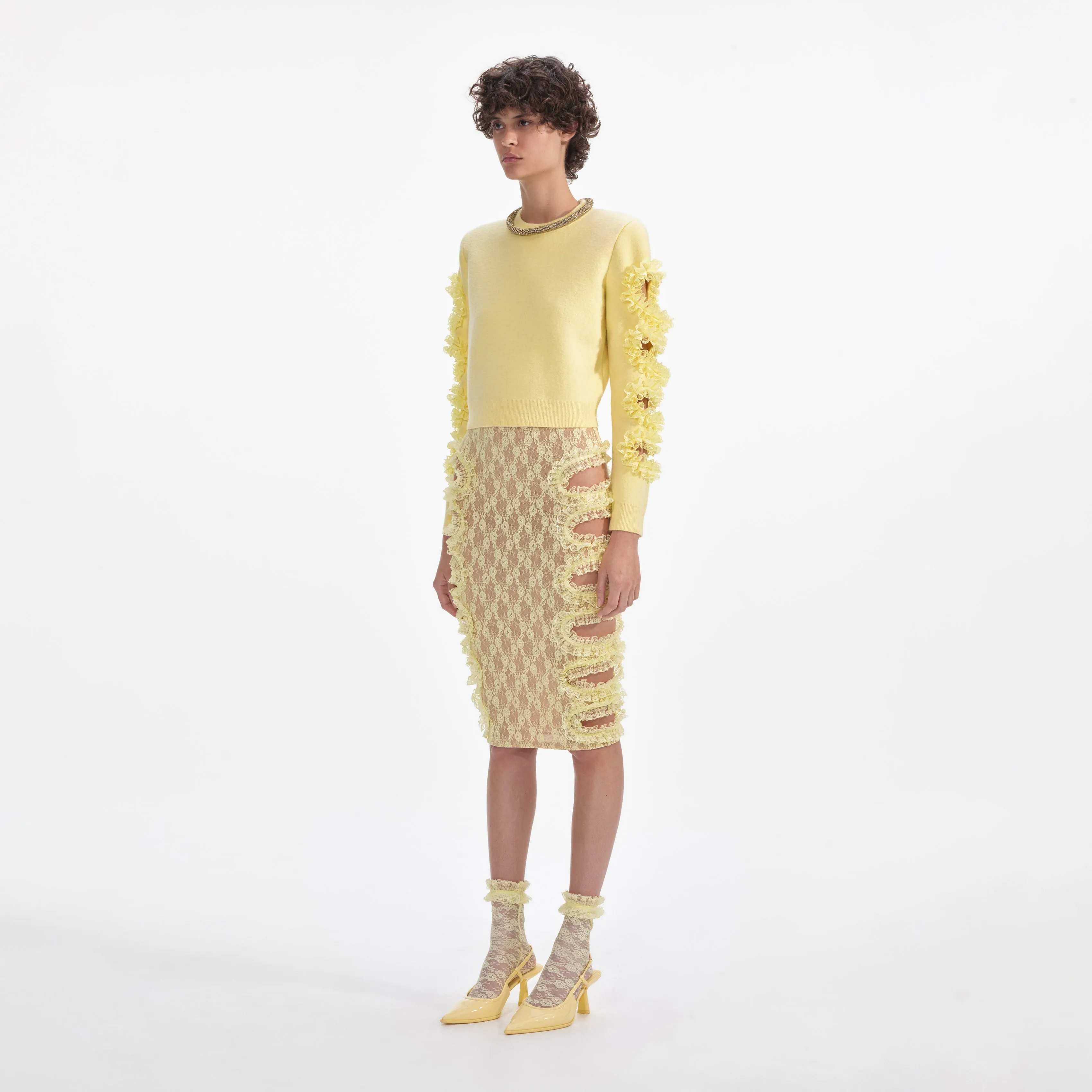 Yellow Lace Cut Out Midi Skirt Self Portrait