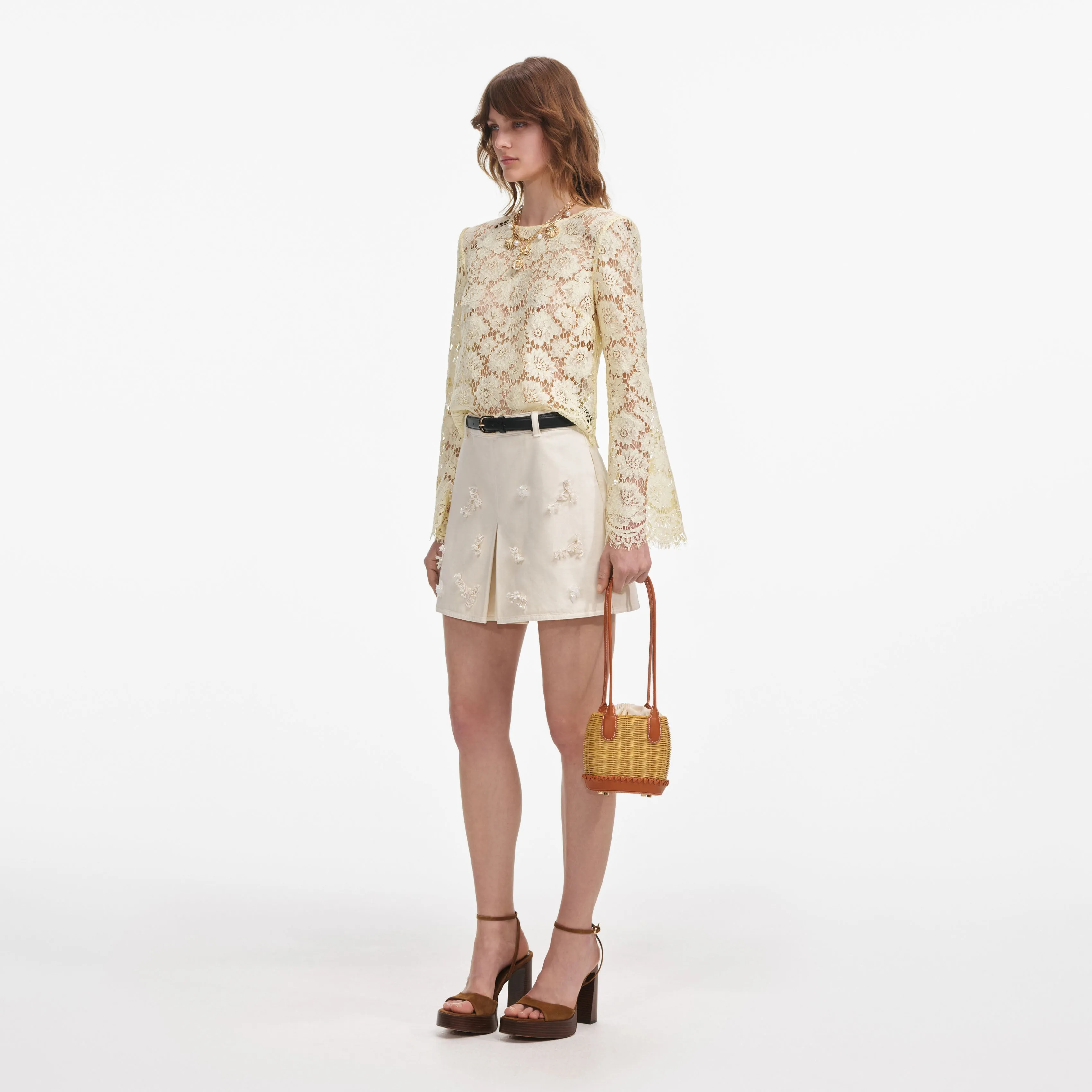 Yellow Lace Fluted Sleeve Top Self Portrait