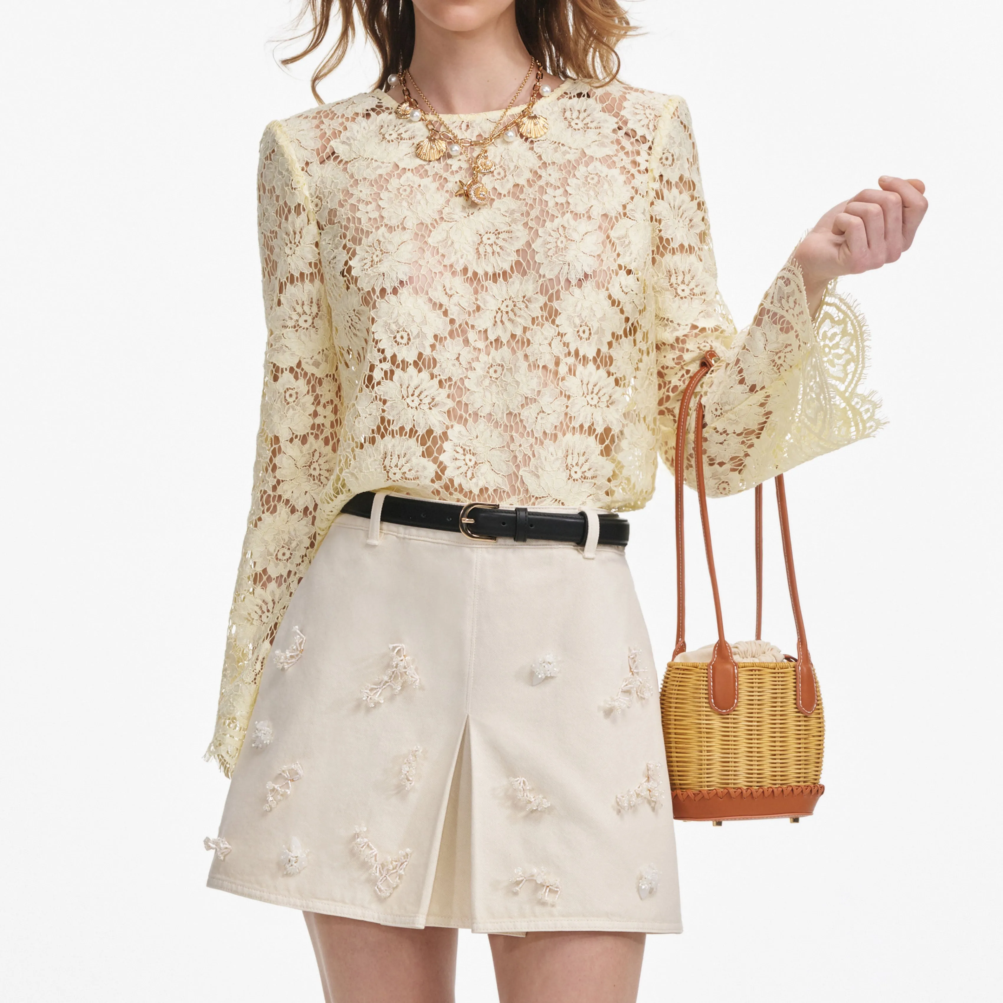 Yellow Lace Fluted Sleeve Top Self Portrait